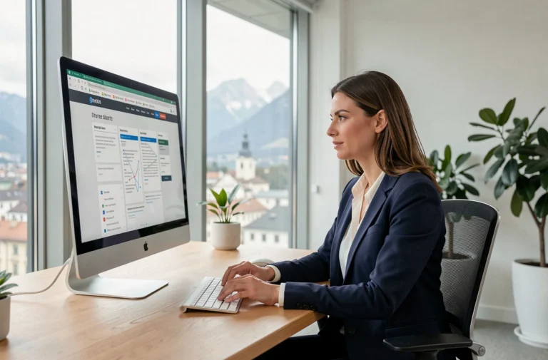 Femme d'affaires suisse analysant la conception d'un site internet professionnel dans un bureau moderne avec vue sur la ville