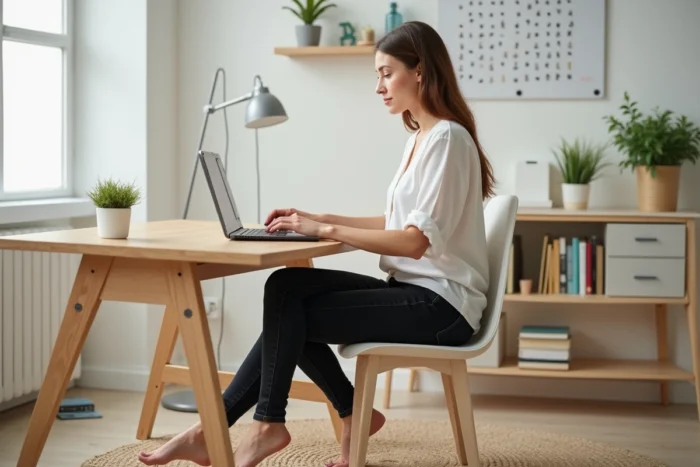 Femme travaillant sur ordinateur portable dans un bureau à domicile, pieds nus posés sur un tapis en jute, illustrant la création de contenu en ligne