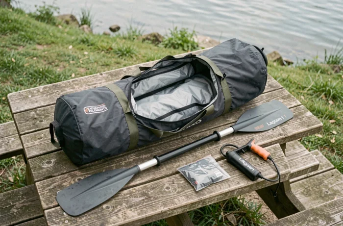 Déballage du kayak gonflable Advanced Elements Lagoon 1 avec accessoires incluant pompe et pagaie sur une table en bois au bord d'un lac