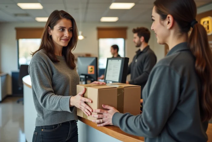 Cliente déposant un colis en retour au comptoir du point UPS de Corbeil-Essonnes