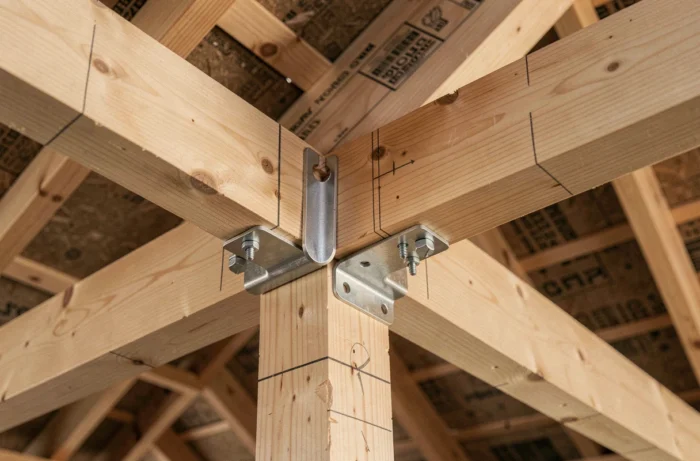 Détail d'un chevêtre de charpente en bois avec connecteurs métalliques pour l'installation d'un conduit de toit