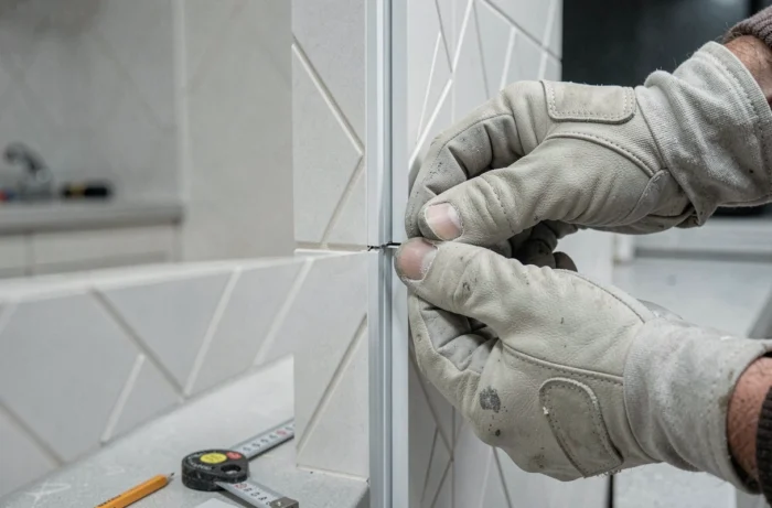 Gros plan sur la jonction entre deux panneaux Vipanel posés sur un mur de cuisine avec baguette de finition