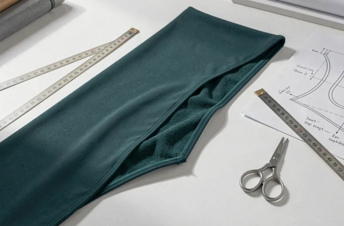 Gros plan sur les couches de tissu absorbant d'un maillot de bain menstruel en cours de fabrication avec patron de couture