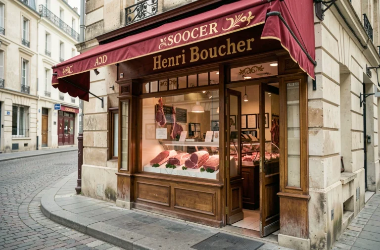 Devanture d'une boucherie Henri Boucher avec enseigne rouge et or sur une rue pavée française