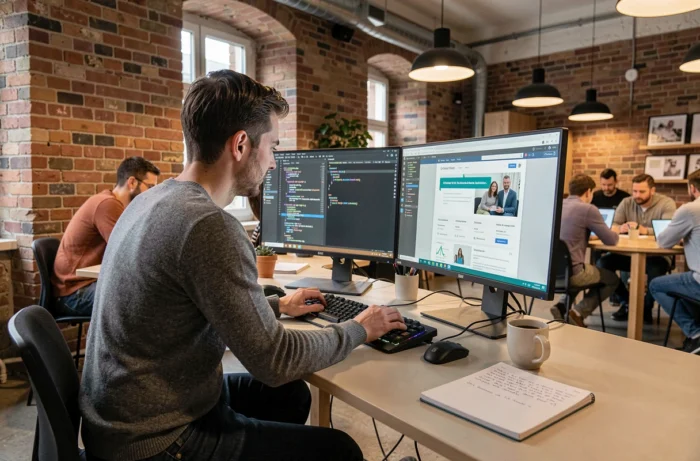 Développeur web masculin travaillant sur un site internet performant dans un espace de coworking moderne en Suisse