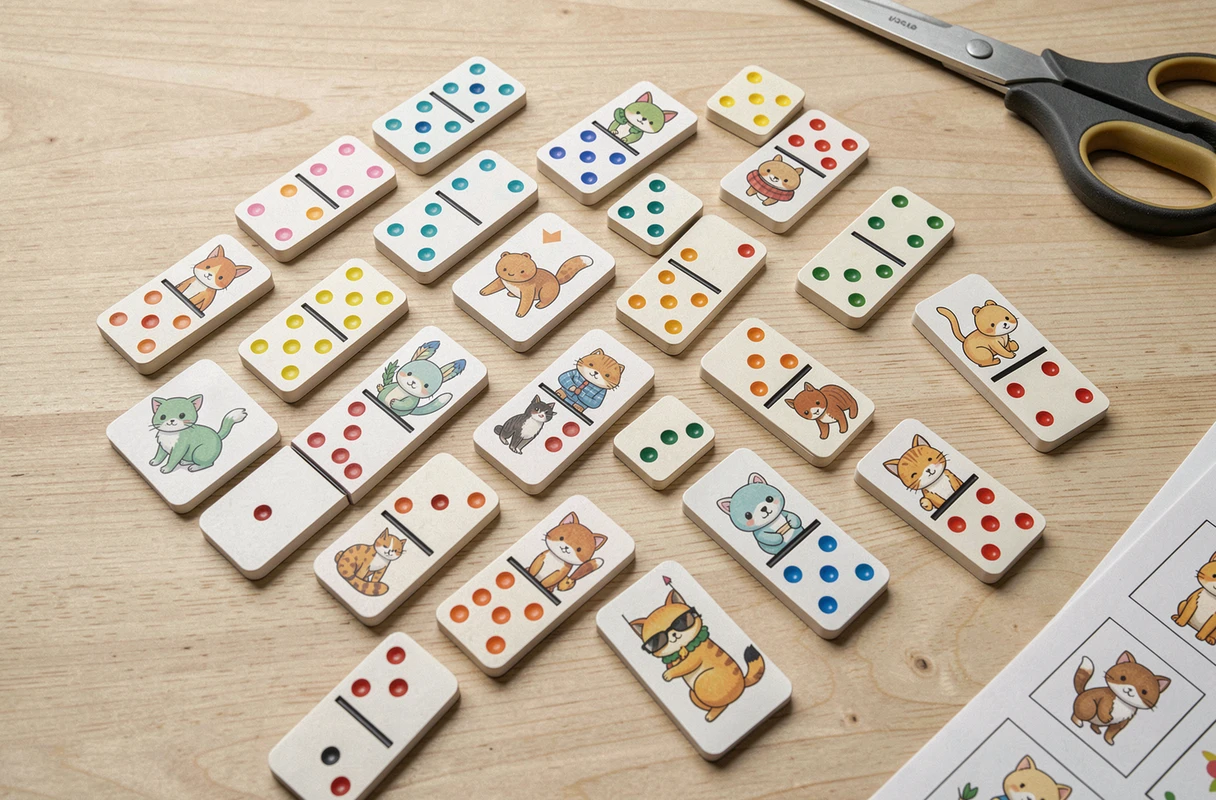 Dominos illustrés imprimés et découpés avec points et animaux colorés pour jouer et apprendre à compter en maternelle