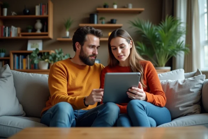 Deux personnes découvrant ensemble des astuces technologiques sur une tablette dans un salon confortable