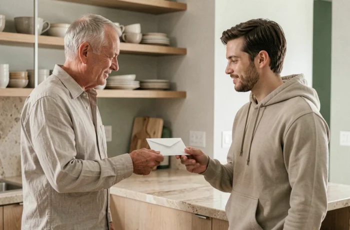 Un père tendant une enveloppe à son fils adulte dans une cuisine, geste neutre et bienveillant symbolisant un échange financier apaisé