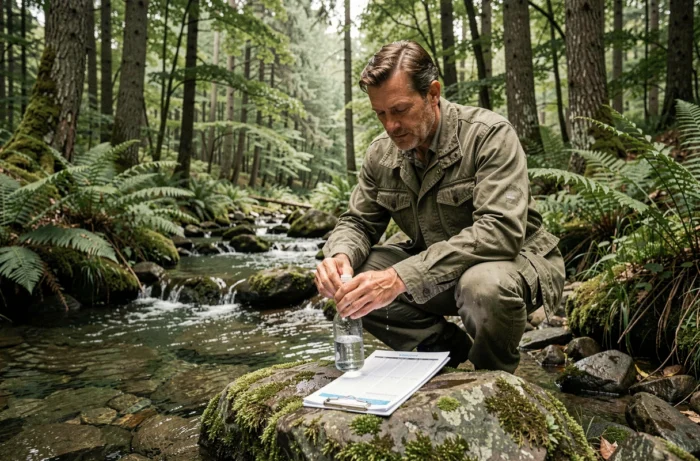 Écologue collectant des échantillons d'eau dans un ruisseau forestier pour une étude environnementale