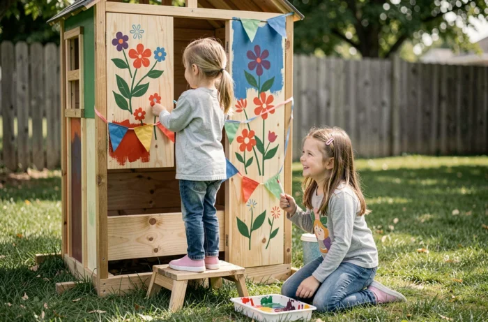 Deux fillettes décorant l'extérieur d'une maisonnette en bois avec de la peinture et des guirlandes