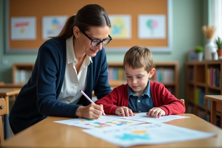 Enseignante aidant un élève dyslexique à lire une fiche pédagogique adaptée dans une salle de classe inclusive