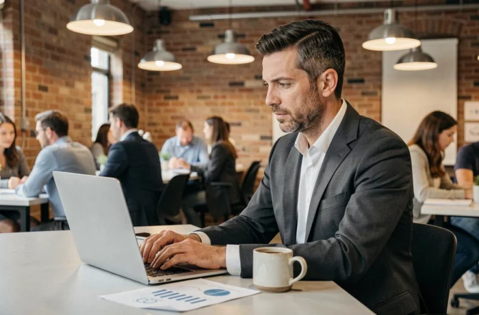 Entrepreneur concentré travaillant sur son ordinateur dans un espace de coworking moderne illustrant les conseils pour réussir en affaires