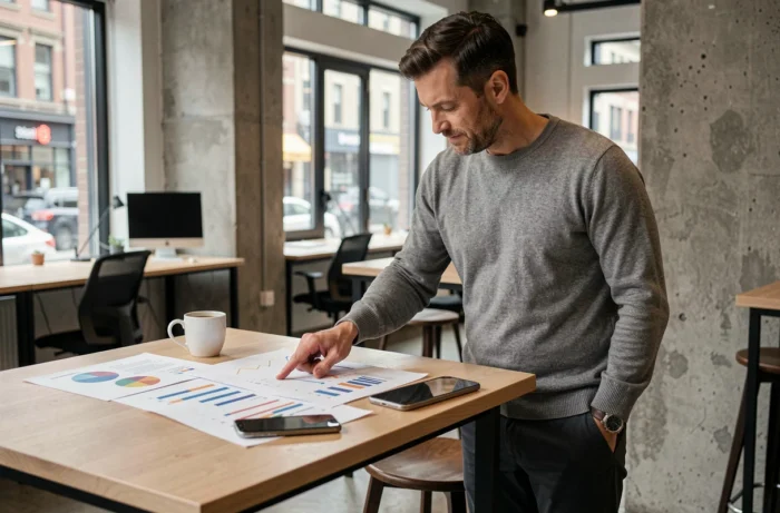 Entrepreneur indépendant analysant sa stratégie de développement commercial dans un espace de coworking moderne