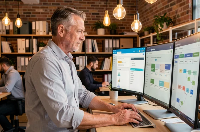 Entrepreneur utilisant des outils digitaux d'automatisation des ventes B2B dans un espace de coworking moderne