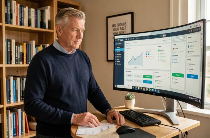 Entrepreneur consultant son tableau de bord de services B2B sur un grand écran dans son bureau à domicile