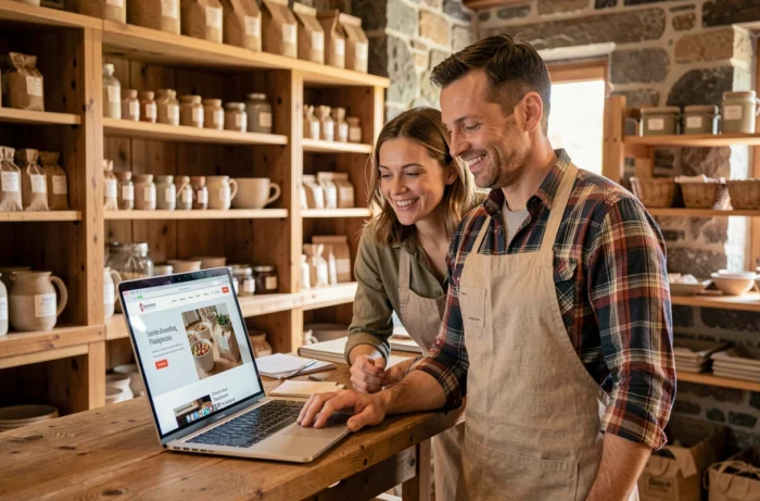 Couple de petits entrepreneurs suisses consultant le site internet professionnel de leur boutique artisanale