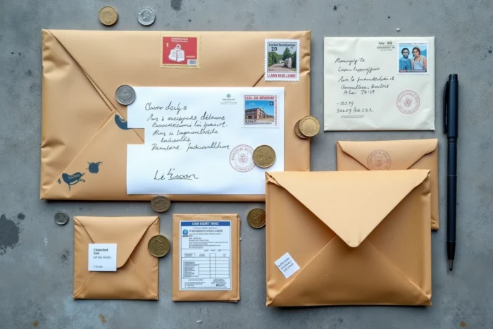 Vue de dessus d'enveloppes affranchies avec timbres français, pièces d'euros et feuille de tarifs postaux sur fond en béton