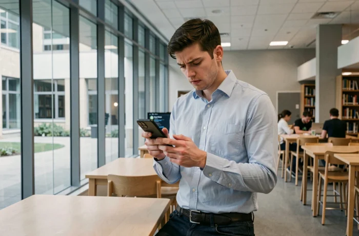 Étudiant consultant son smartphone dans une bibliothèque universitaire face à un problème de connexion au portail Neomagora