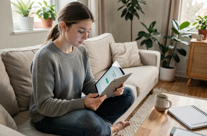 Étudiante chez elle sur une tablette face à un écran d'erreur lors de la connexion à Neomagora de Neoma Business School