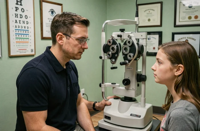 Optométriste réalisant un examen de vue avec un réfracteur sur une patiente dans un cabinet d'optique