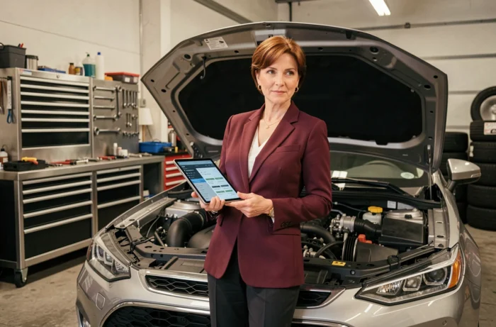 Femme experte en automobile consultant un diagnostic numérique dans un atelier moderne
