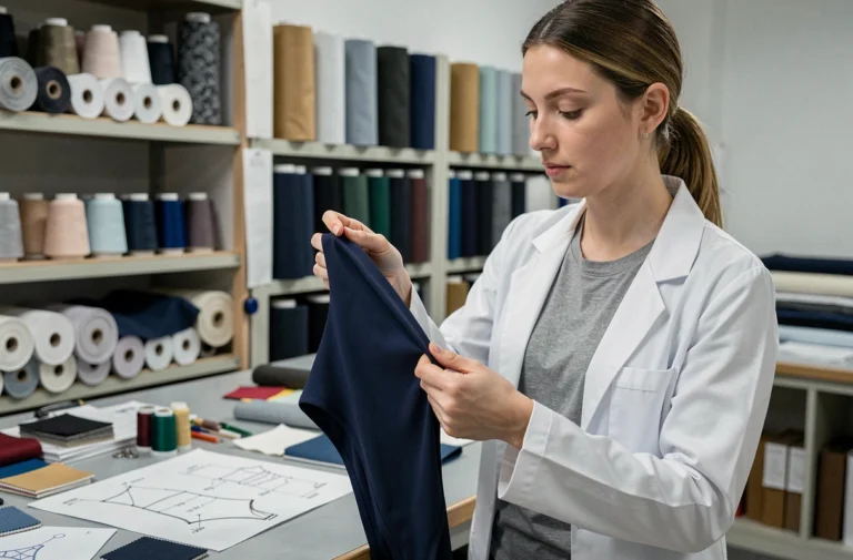 Ingénieure textile examinant un tissu technique pour maillot de bain menstruel dans un atelier de conception professionnelle