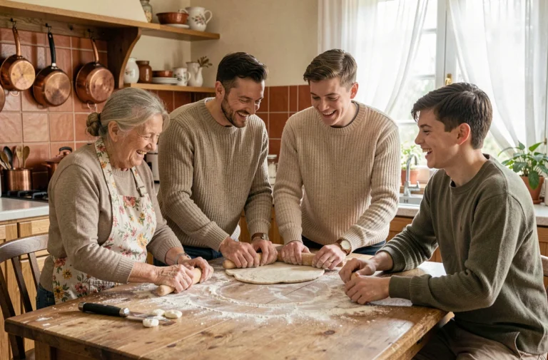 Famille multigénérationnelle réunie dans une cuisine chaleureuse en train de préparer une recette ensemble, moment de complicité et de partage