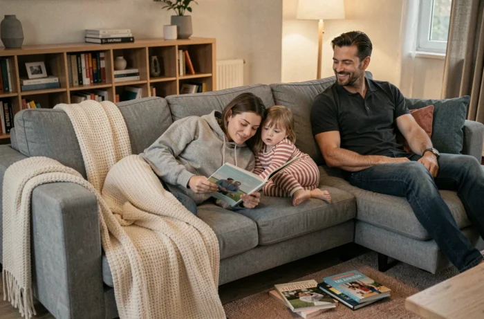 Mère lisant une histoire à son enfant sur le canapé en famille, moment de détente et de complicité familiale le soir