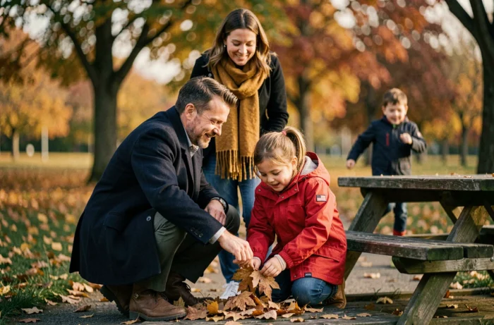 Père et fille explorant des feuilles d'automne dans un parc en famille, moment de découverte et de tendresse en plein air