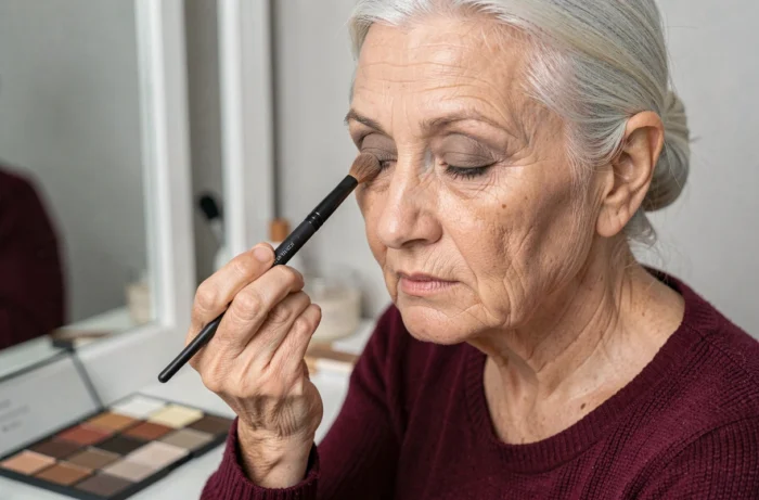 Une femme de 70 ans appliquant un fard à paupières mat sur ses paupières tombantes avec un pinceau de maquillage