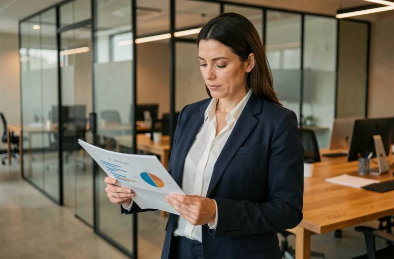 Femme d'affaires professionnelle examinant des graphiques dans un bureau moderne pour illustrer les tendances du monde des affaires
