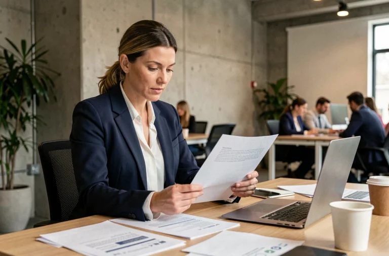 Femme d'affaires examinant des documents de partenariat B2B dans un bureau moderne et dynamique