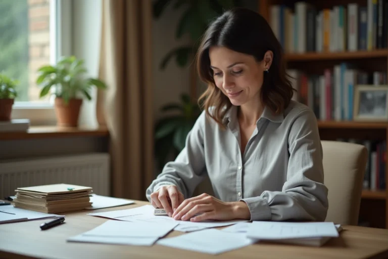 Femme appliquant un timbre-poste sur une enveloppe blanche à son bureau à domicile, illustrant l'affranchissement du courrier en France
