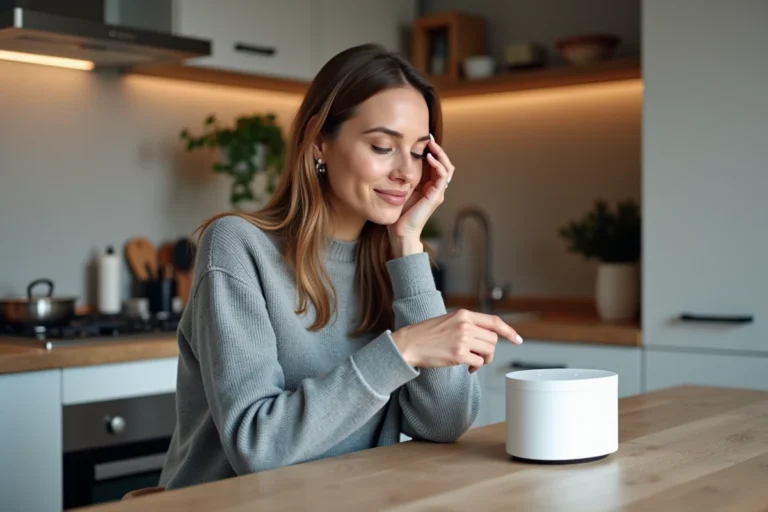 Femme utilisant un assistant domotique intelligent dans une cuisine moderne, illustrant les tendances high-tech au quotidien