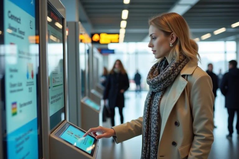 Femme utilisant une borne self service Keolis Orléans dans une gare française