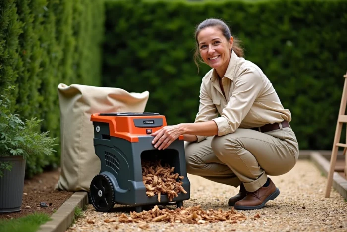 Femme inspectant le bac de collecte de copeaux de bois d'un broyeur de végétaux dans le jardin
