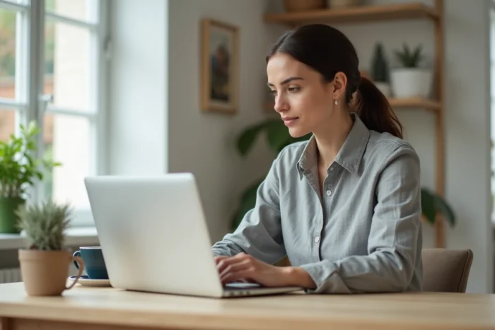 Femme utilisant un ordinateur portable pour maîtriser la technologie dans un bureau moderne à domicile