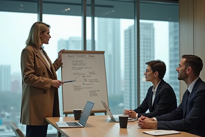Femme cheffe d'entreprise présentant une stratégie commerciale à son équipe dans une salle de réunion moderne