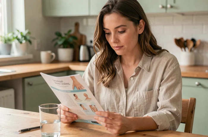 Femme consultant une brochure sur le frottis gynécologique chez elle pour bien se préparer