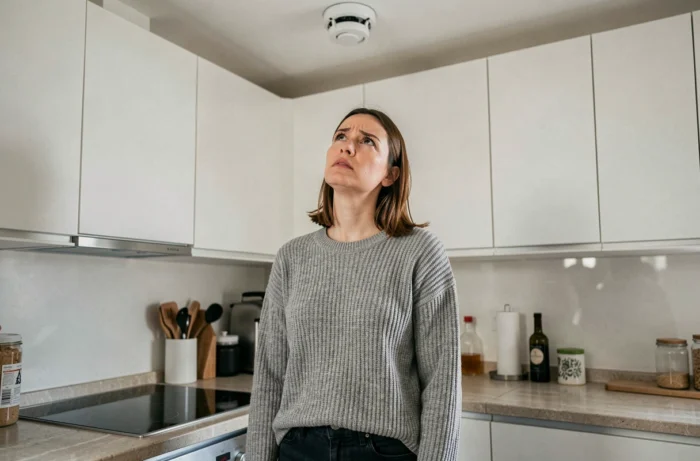Femme inquiète regardant un détecteur de fumée qui sonne sans raison dans sa cuisine