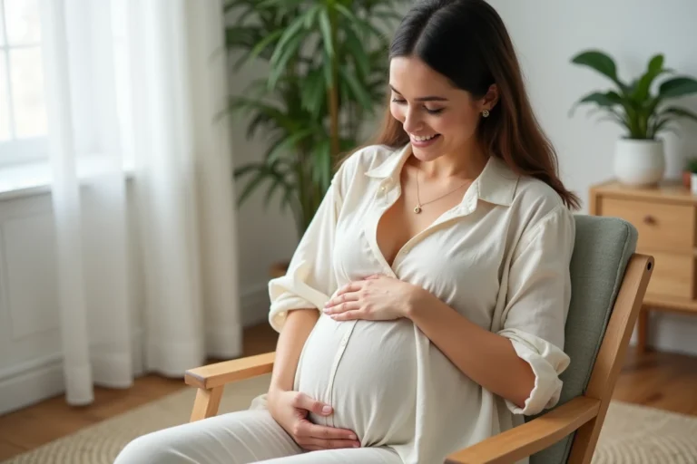 Femme enceinte portant un bola de grossesse Pandora doré, assise dans un salon scandinave lumineux, tenant son ventre avec tendresse