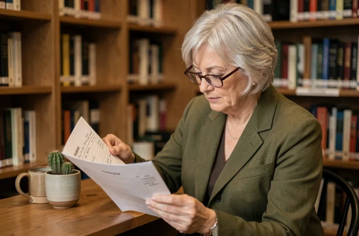 Femme entrepreneur expérimentée révisant son plan de développement commercial solo avec annotations manuscrites