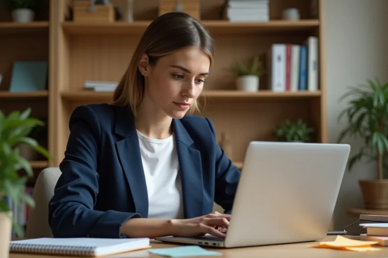 Femme entrepreneur en blazer marine consultant des ressources en ligne sur son ordinateur portable dans un bureau à domicile organisé