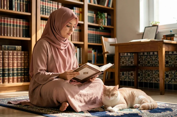 Femme portant un hijab lisant un manuscrit islamique avec un chat crème posé à ses côtés sur un tapis de prière