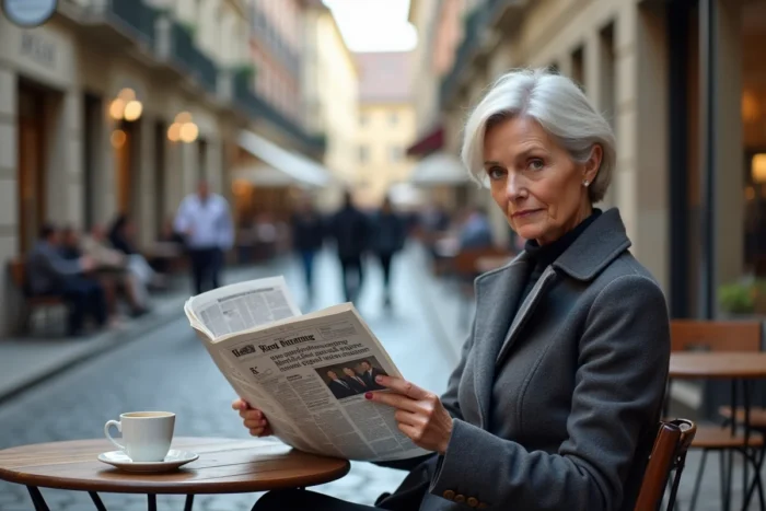 Femme lisant un journal international en terrasse de café dans une ville européenne