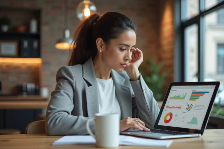 Femme professionnelle étudiant des stratégies de marketing en ligne sur un ordinateur portable dans un espace de coworking moderne