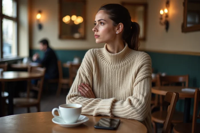 Jeune femme mystérieuse assise dans un café parisien, évoquant la discrétion et le profil de la compagne secrète de Jul