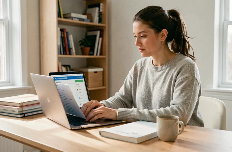 Femme organisant ses fichiers OneDrive sur un ordinateur portable dans un bureau à domicile moderne