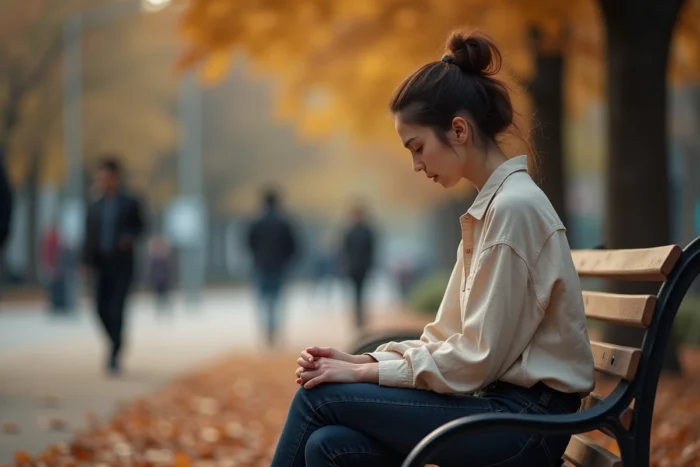 Femme pensive assise seule sur un banc de parc en automne, illustrant l'introspection émotionnelle liée aux daddy issues
