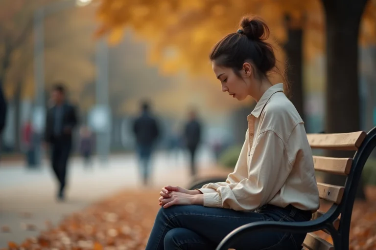 Femme pensive assise seule sur un banc de parc en automne, illustrant l'introspection émotionnelle liée aux daddy issues